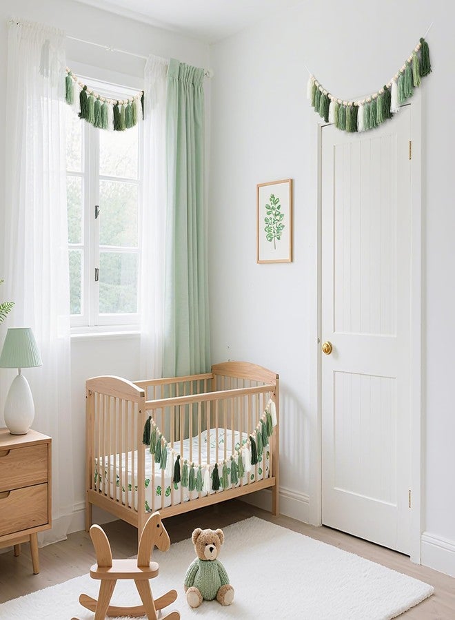 ARQRHTLY 3 Pcs Green Boho Yarn Tassel Garlands Sage Green Wall Hanging Decoration with Wood Beads Neutral Woodland Forest Party Tassel Banner for Nursery Classroom Room Dorm Birthday Baby Shower Deco - Image 4